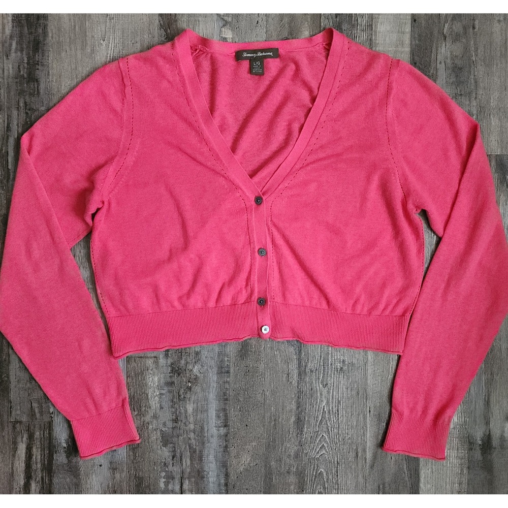 Tommy Bahama Cardigan Women L Pink Linen Cotton Blend Cropped V-Neck Button